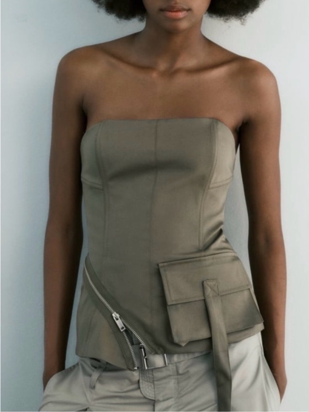Zara Olive Green Strapless Corset Top with Utility Pocket